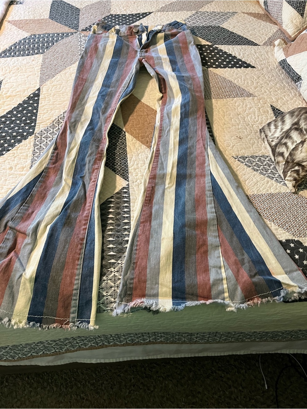 Altar'd State Striped Flared Jeans in Blue, Rust & Cream